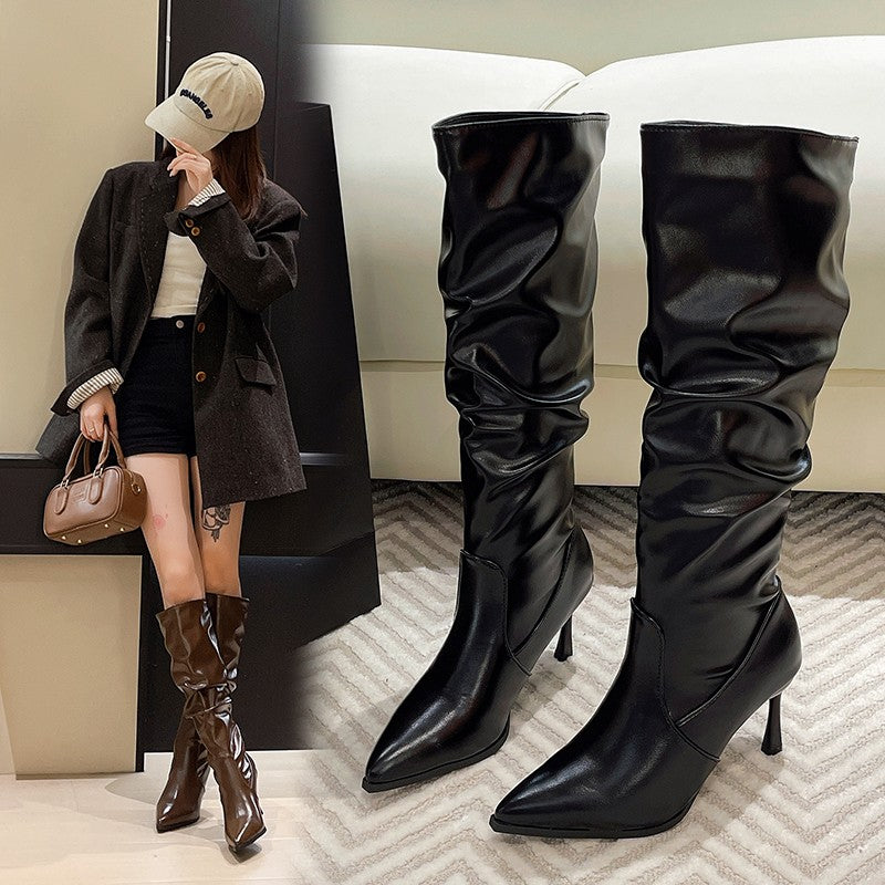 Women Retro Coffee Brown Tall Fashion Boots with Heels