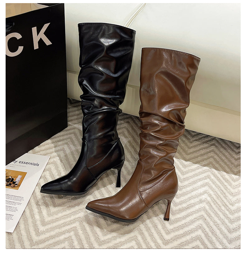 Women Retro Coffee Brown Tall Fashion Boots with Heels