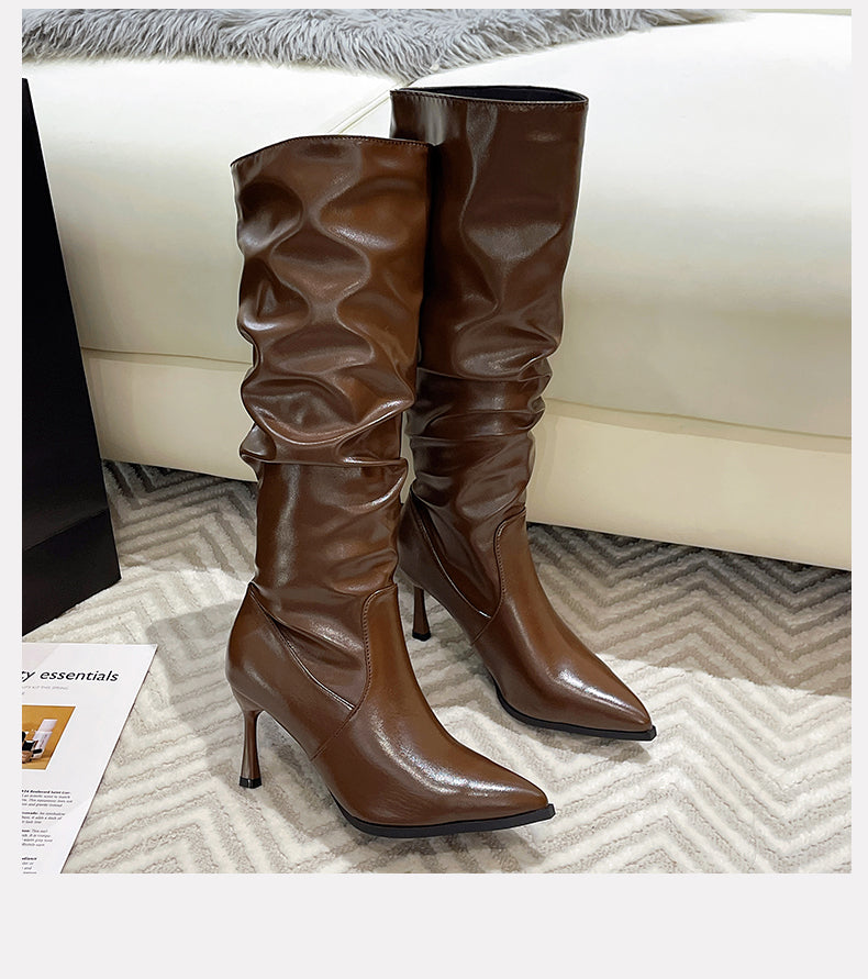 Women Retro Coffee Brown Tall Fashion Boots with Heels