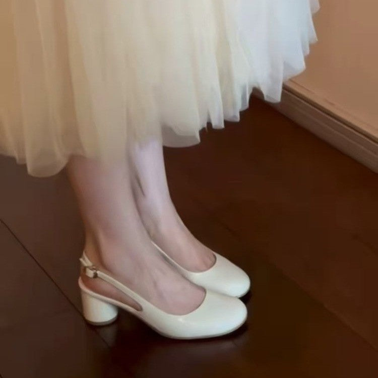 Women French Minimalist Round Toe Slingback Block Heel Pumps
