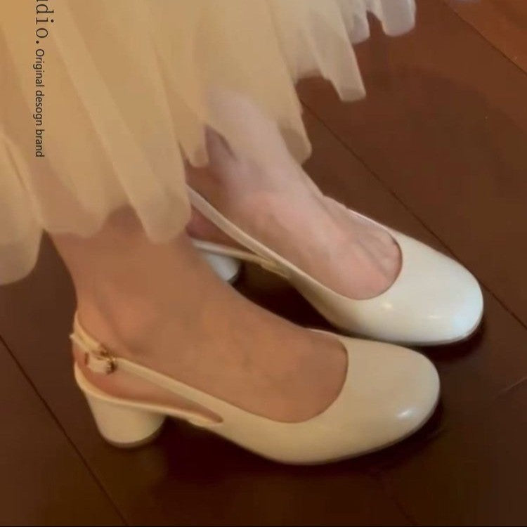 Women French Minimalist Round Toe Slingback Block Heel Pumps