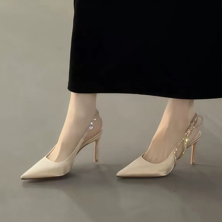 Women French Luxury Rhinestone Chain Slingback Heels