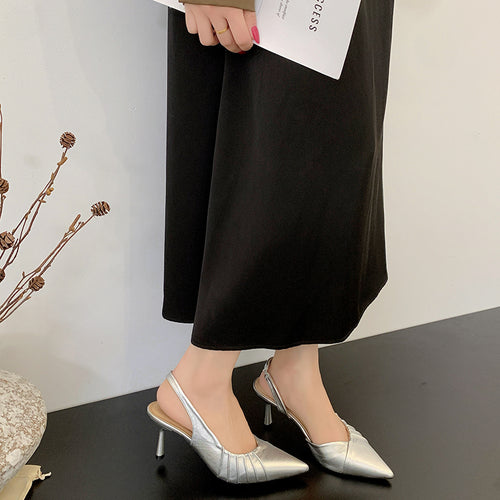Women French Ruched Pleated Pointed Toe Slingback Heels