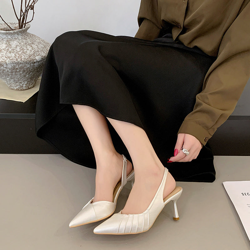 Women French Ruched Pleated Pointed Toe Slingback Heels