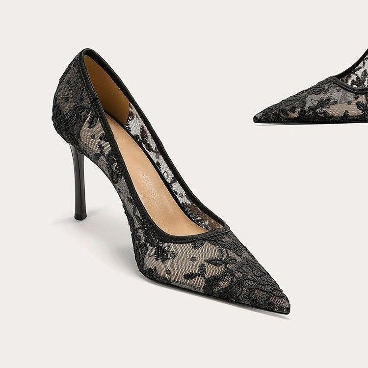 Women's Lace Mesh Pointed Toe Stiletto Pumps - Elegant Heels