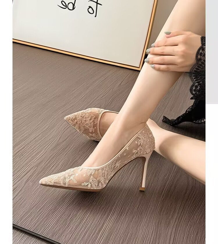 Women's Lace Mesh Pointed Toe Stiletto Pumps - Elegant Heels