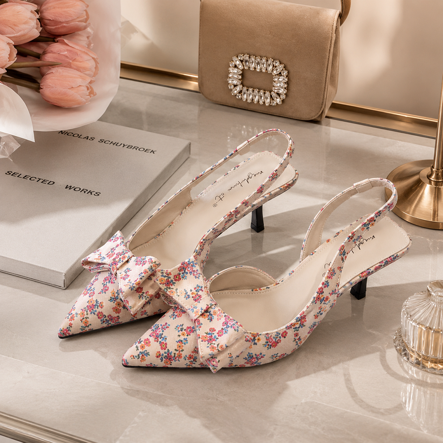 Women French Romantic Front Bow Slingback Stiletto Heels