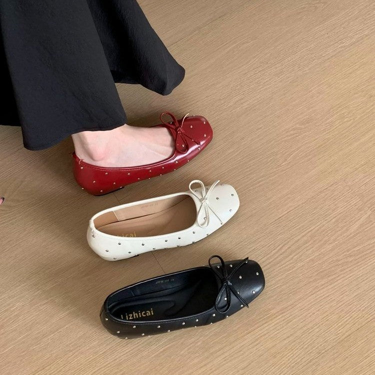 Women Vintage Rivet Bow Flat Shoes – Comfortable Driving Shoes