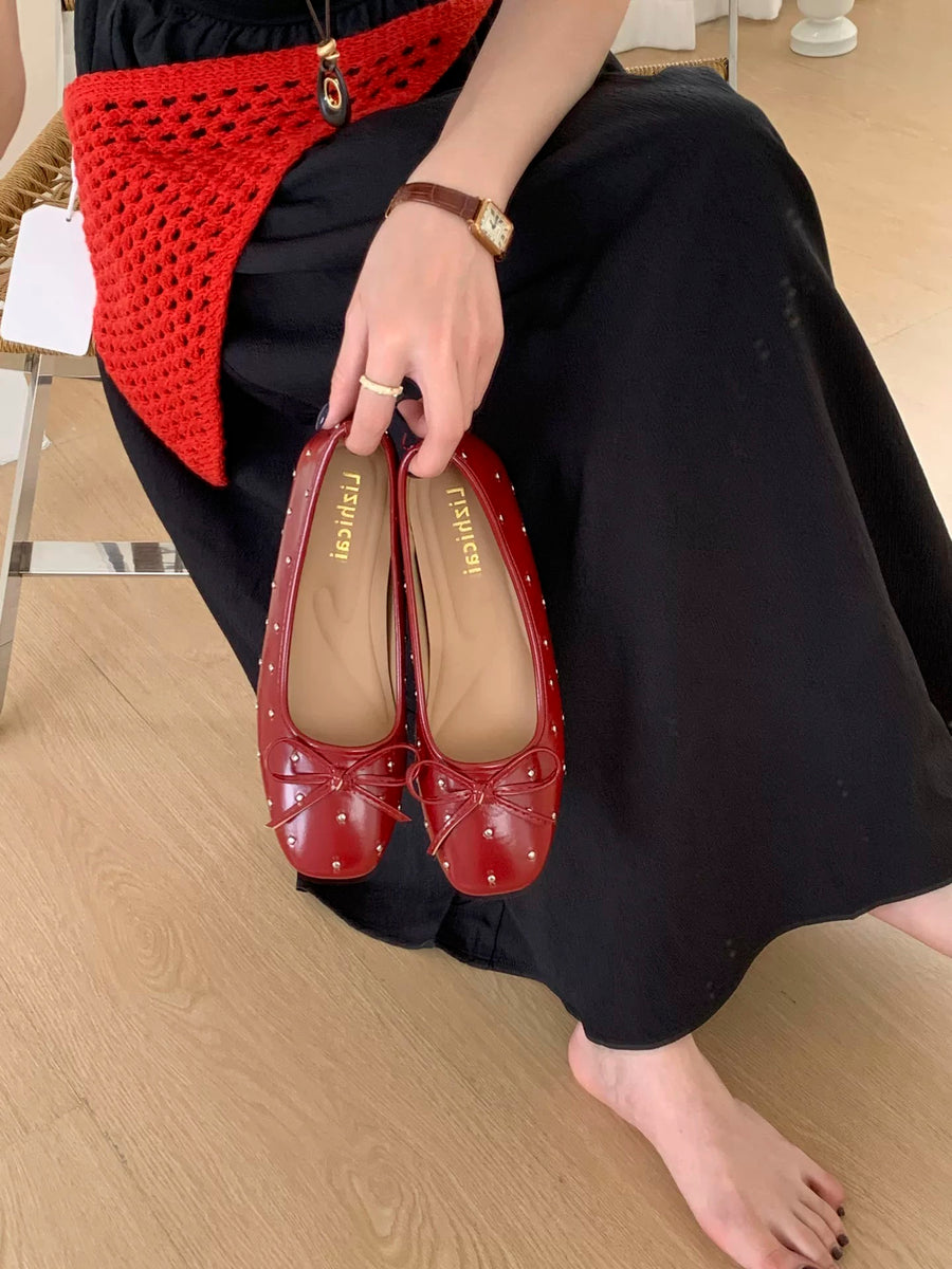 Women Vintage Rivet Bow Flat Shoes – Comfortable Driving Shoes