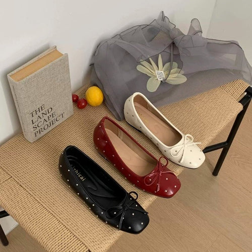 Women Vintage Rivet Bow Flat Shoes – Comfortable Driving Shoes