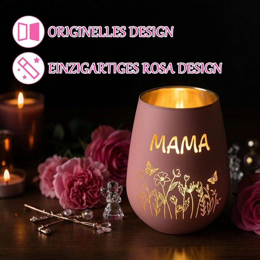 Pink Glass Candle Holder – Lantern-Shaped with MAMA Engraving