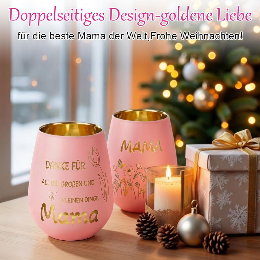 Pink Glass Candle Holder – Lantern-Shaped with MAMA Engraving