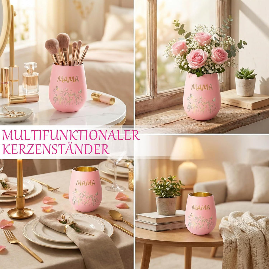 Pink Glass Candle Holder – Lantern-Shaped with MAMA Engraving