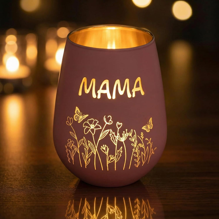 Pink Glass Candle Holder – Lantern-Shaped with MAMA Engraving