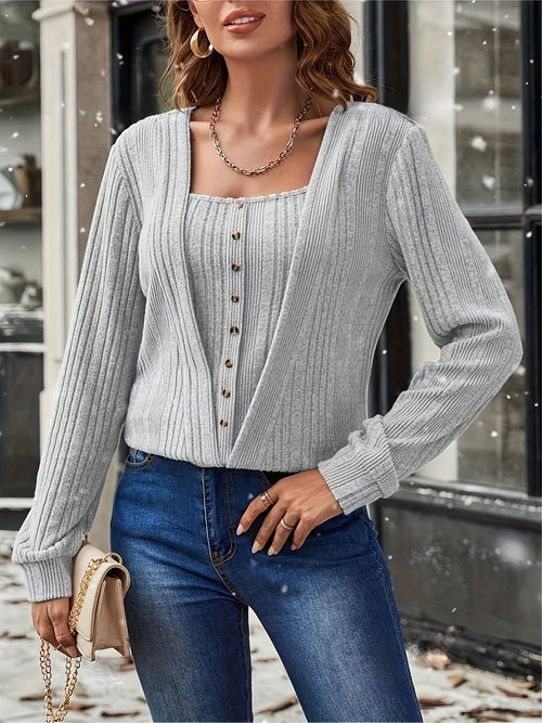 Women Solid Knit Top - Casual Long Sleeve Blouse