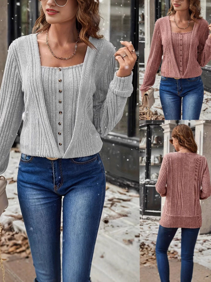 Women Solid Knit Top - Casual Long Sleeve Blouse