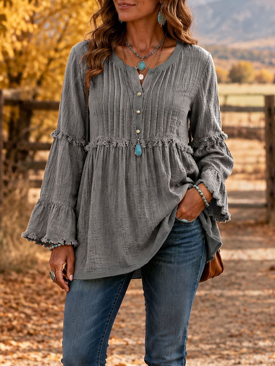 Women Fall Winter Fashion Blouse with Lace Trim and Tassels