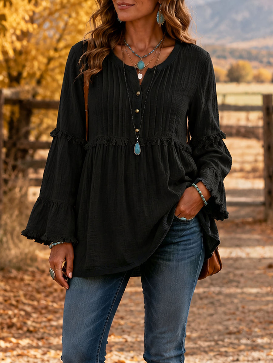 Women Fall Winter Fashion Blouse with Lace Trim and Tassels