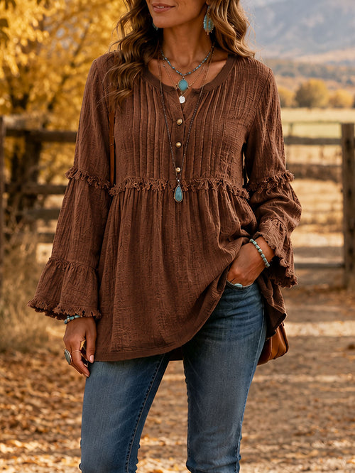 Women Fall Winter Fashion Blouse with Lace Trim and Tassels
