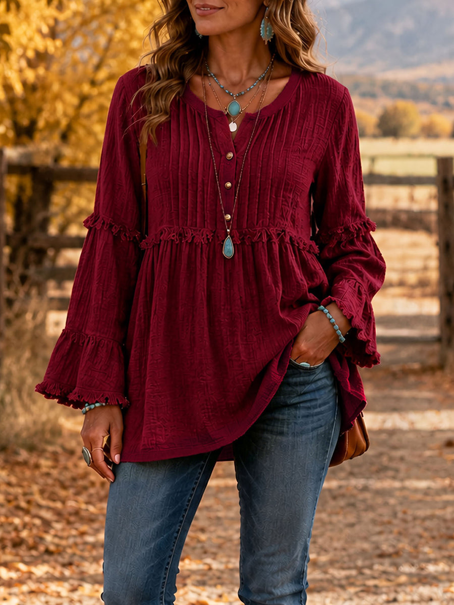 Women Fall Winter Fashion Blouse with Lace Trim and Tassels