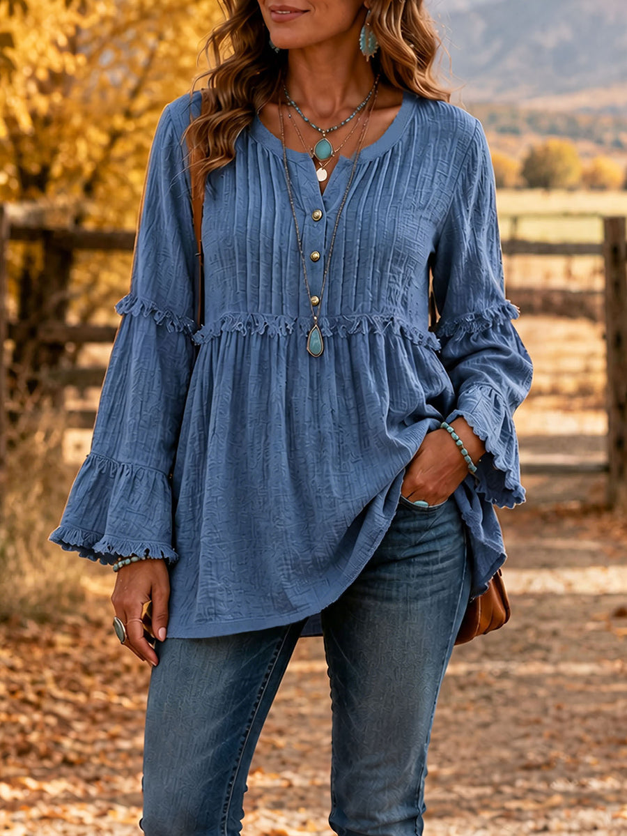 Women Fall Winter Fashion Blouse with Lace Trim and Tassels