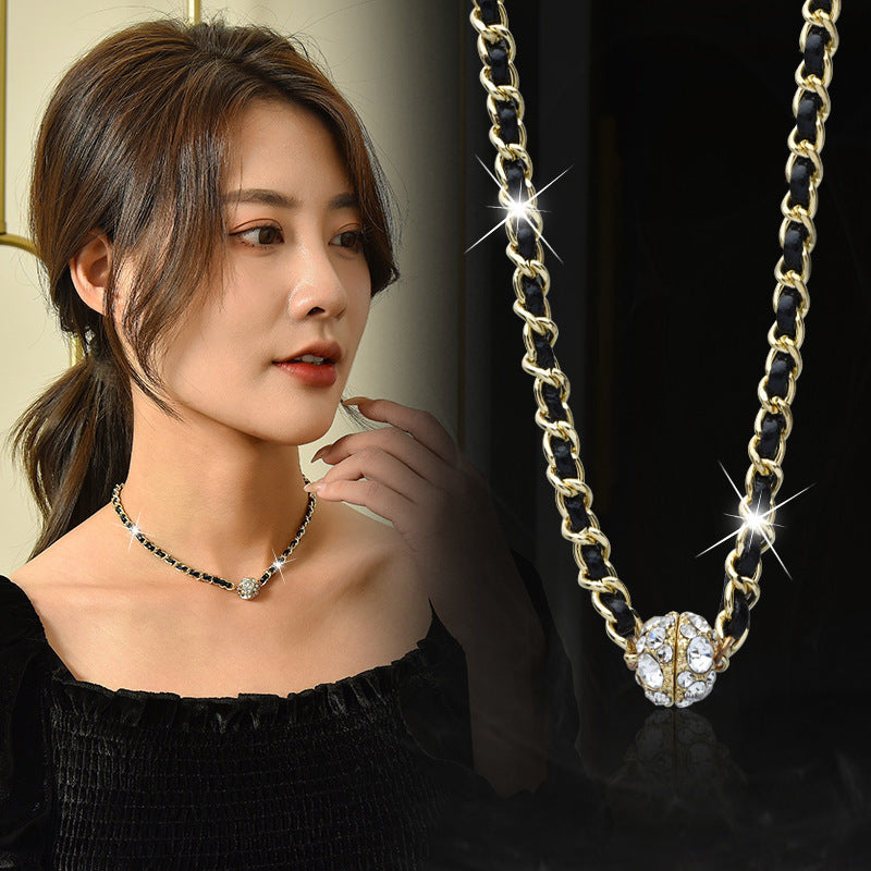 Rhinestone Ball Magnetic Braided Rope Necklace for Women