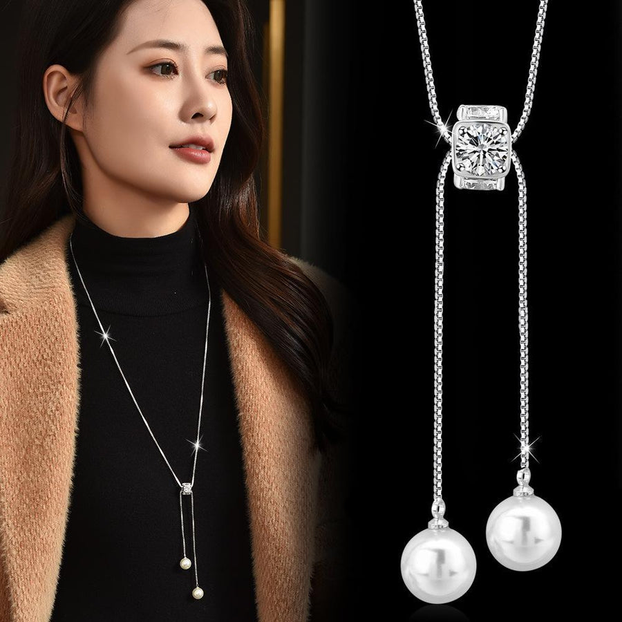 Dainty Adjustable Sweater Chain with Double Pearl Tassel Necklace