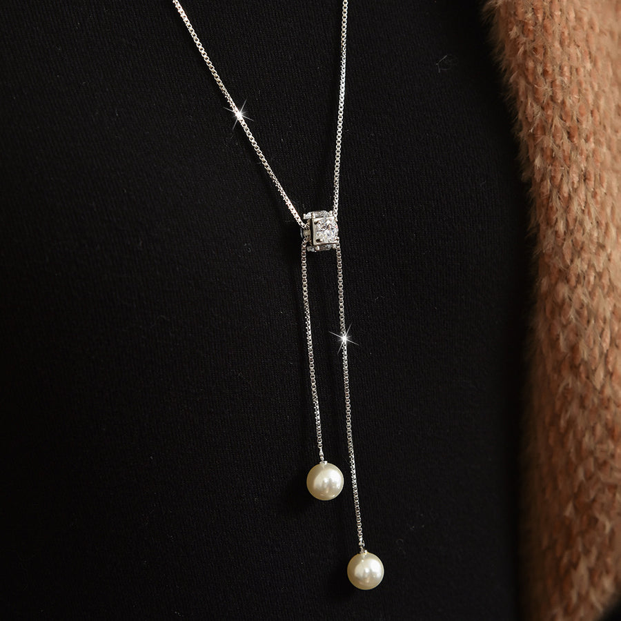 Dainty Adjustable Sweater Chain with Double Pearl Tassel Necklace