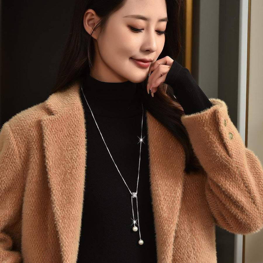 Dainty Adjustable Sweater Chain with Double Pearl Tassel Necklace