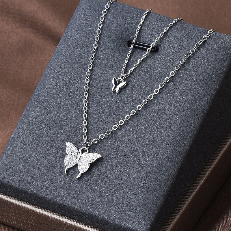 Double Layer Zircon Butterfly Necklace for Women - Dainty Jewelry