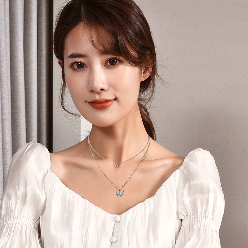 Double Layer Zircon Butterfly Necklace for Women - Dainty Jewelry