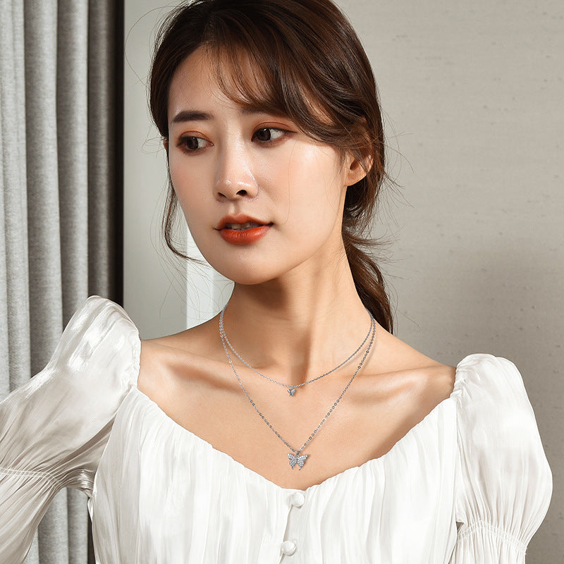 Double Layer Zircon Butterfly Necklace for Women - Dainty Jewelry
