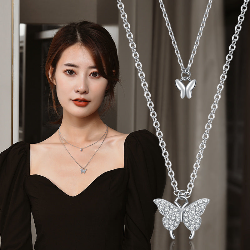 Double Layer Zircon Butterfly Necklace for Women - Dainty Jewelry