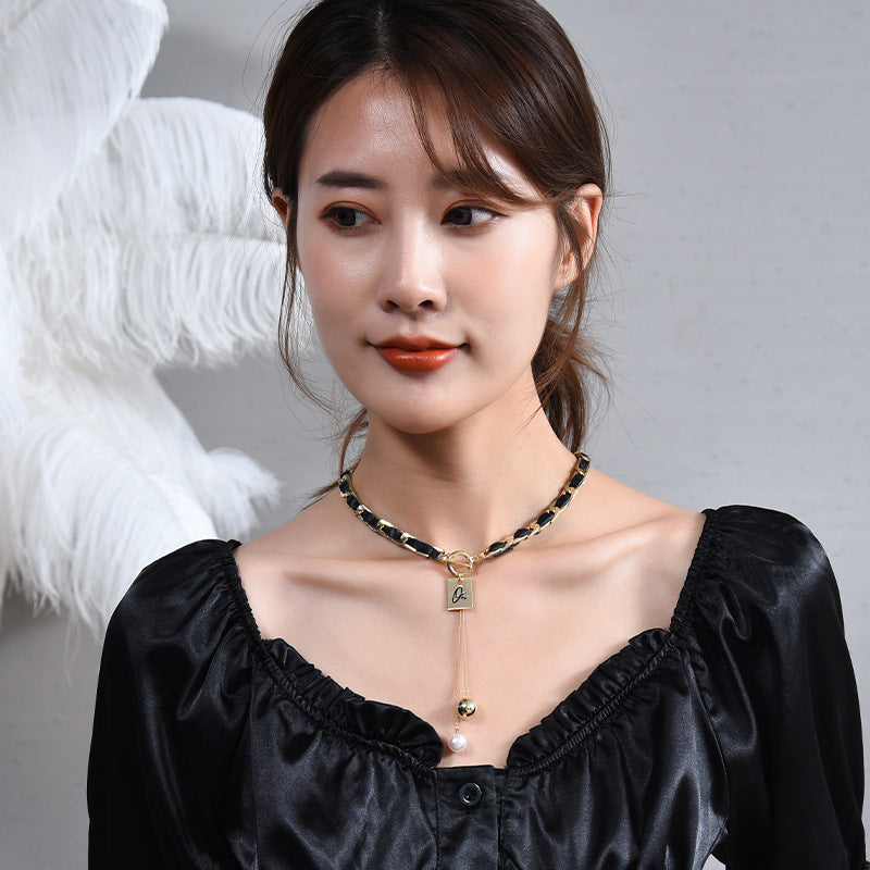 Dainty PU Leather Metal Chain Choker Necklace for Women