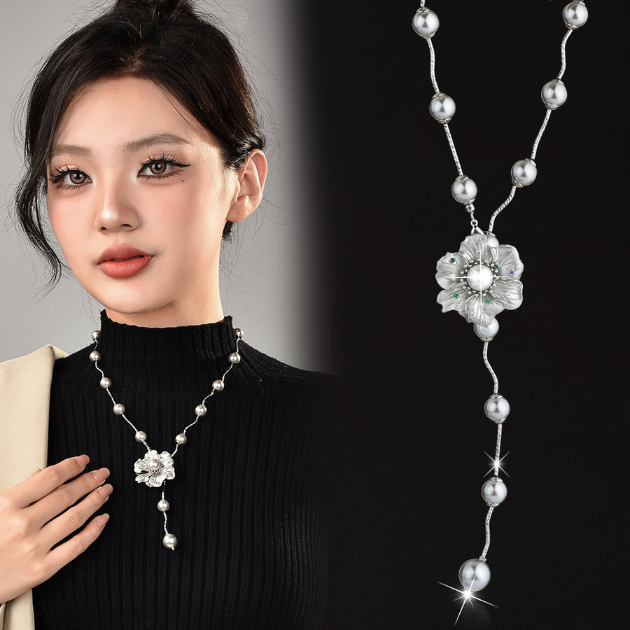 Dainty Flower Zircon Pearl Sweater Chain for Women