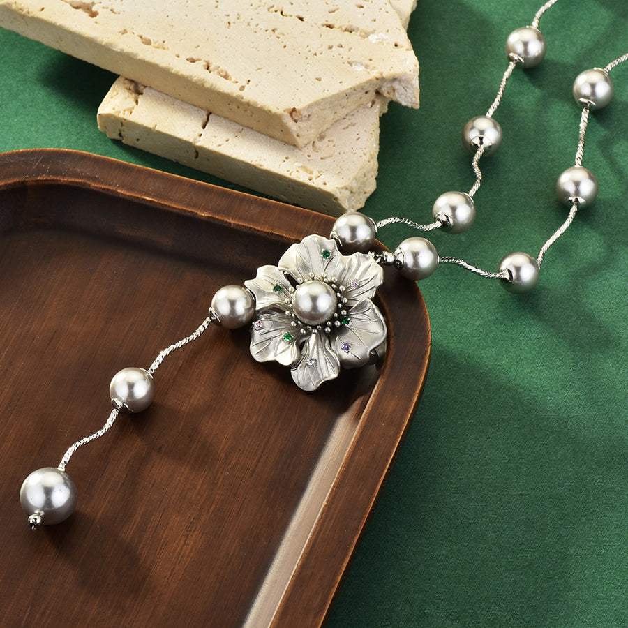 Dainty Flower Zircon Pearl Sweater Chain for Women