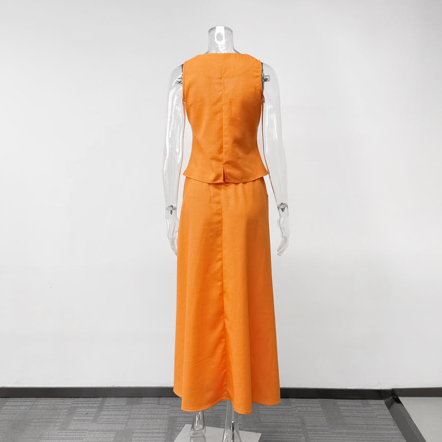 Sleeveless V-Neck Waistcoat Vest & Midi Skirt Two-Piece Set