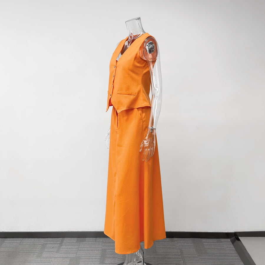 Sleeveless V-Neck Waistcoat Vest & Midi Skirt Two-Piece Set