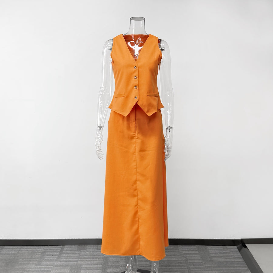 Sleeveless V-Neck Waistcoat Vest & Midi Skirt Two-Piece Set