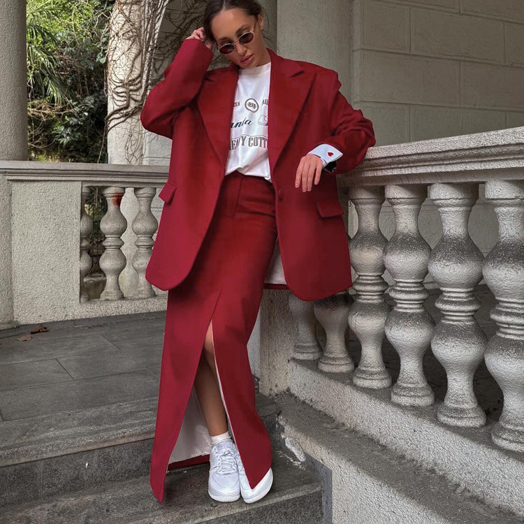 Stylish Single Button Notched Lapel Blazer & Maxi Skirt Set
