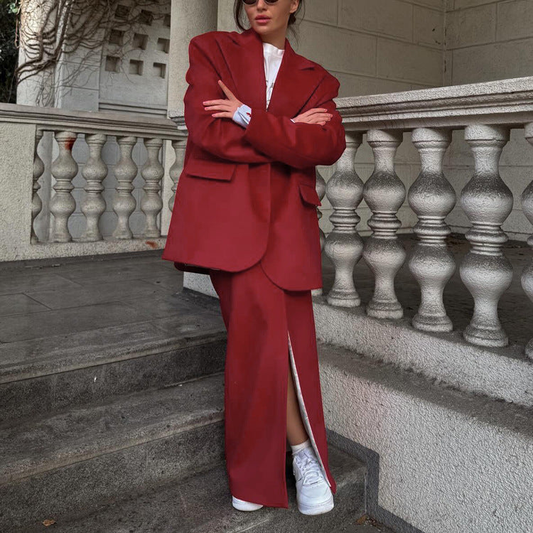 Stylish Single Button Notched Lapel Blazer & Maxi Skirt Set