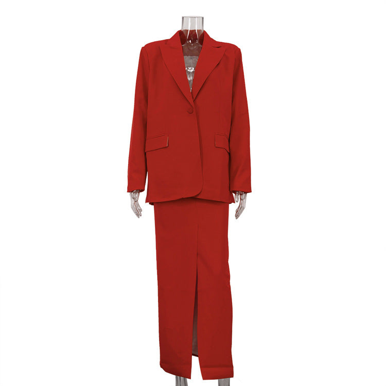 Stylish Single Button Notched Lapel Blazer & Maxi Skirt Set