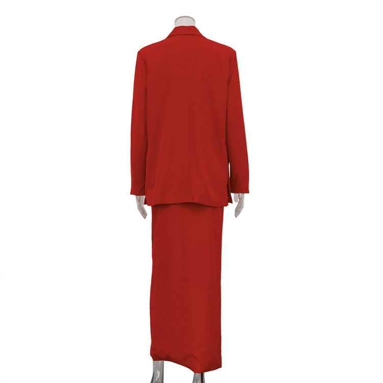 Stylish Single Button Notched Lapel Blazer & Maxi Skirt Set