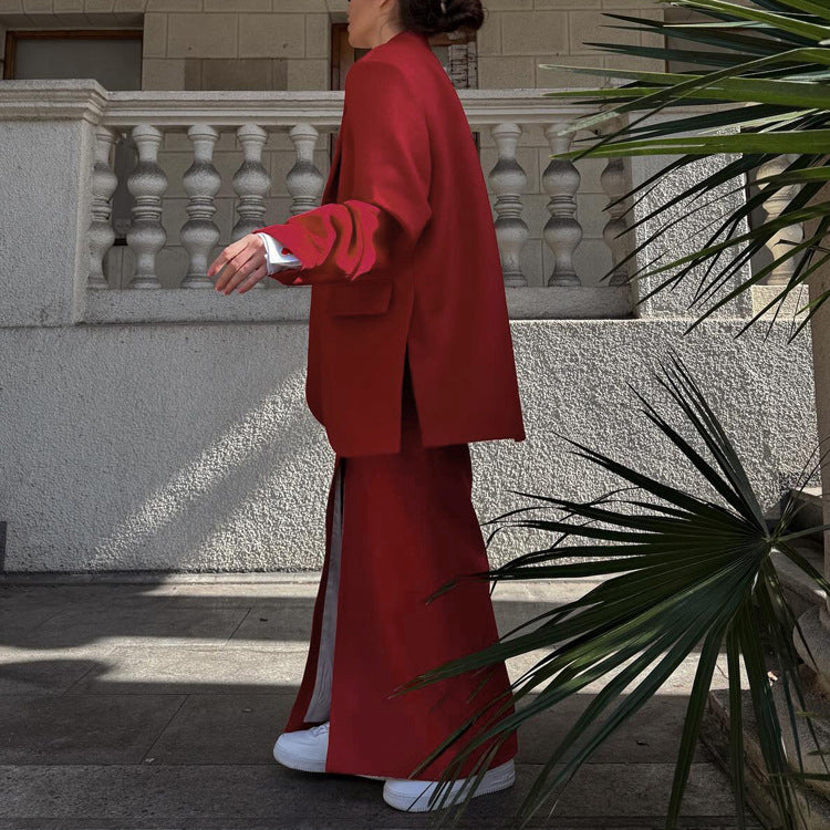 Stylish Single Button Notched Lapel Blazer & Maxi Skirt Set