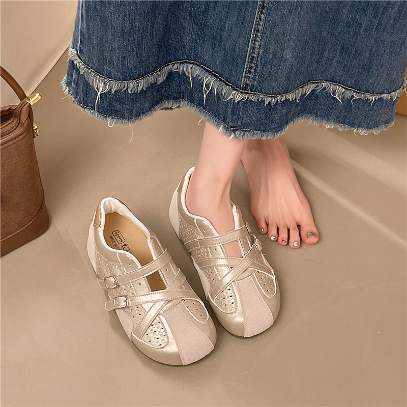 Women Vintage Cross Double Buckle Strappy Flat Sneakers