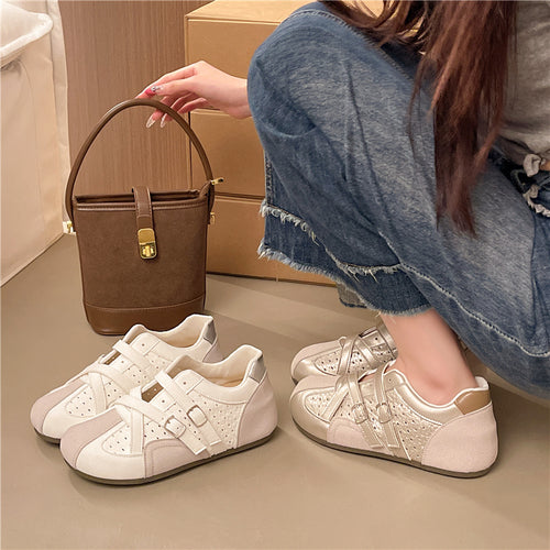 Women Vintage Cross Double Buckle Strappy Flat Sneakers
