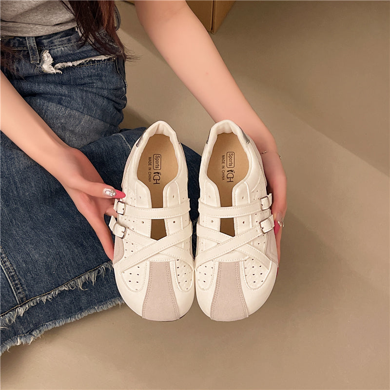 Women Vintage Cross Double Buckle Strappy Flat Sneakers