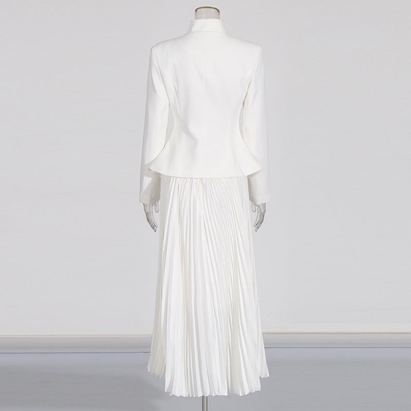 Embroidery Stand Collar Blazer & Pleated Midi Skirt Set