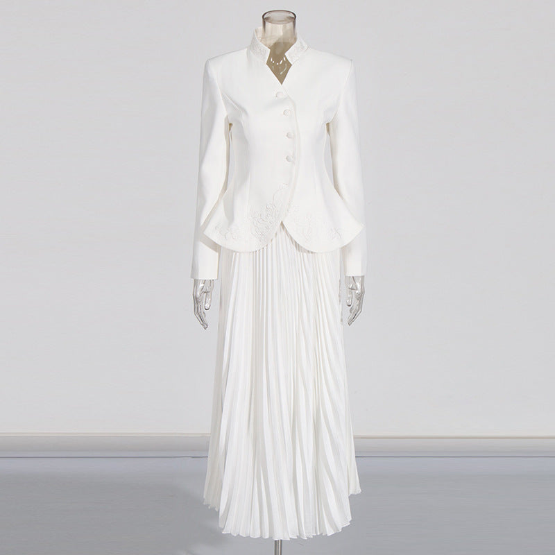 Embroidery Stand Collar Blazer & Pleated Midi Skirt Set