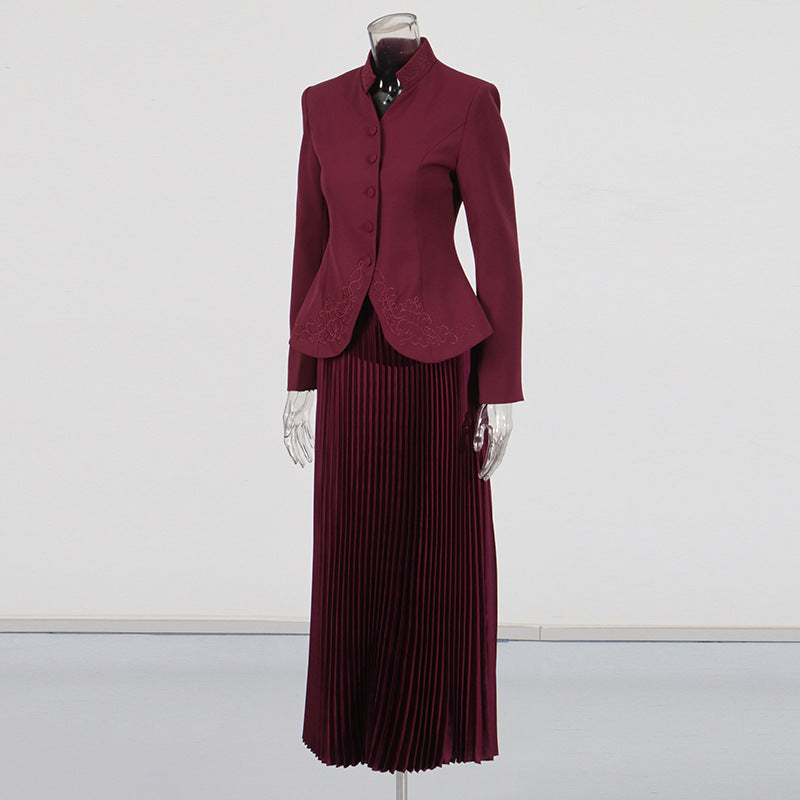 Embroidery Stand Collar Blazer & Pleated Midi Skirt Set